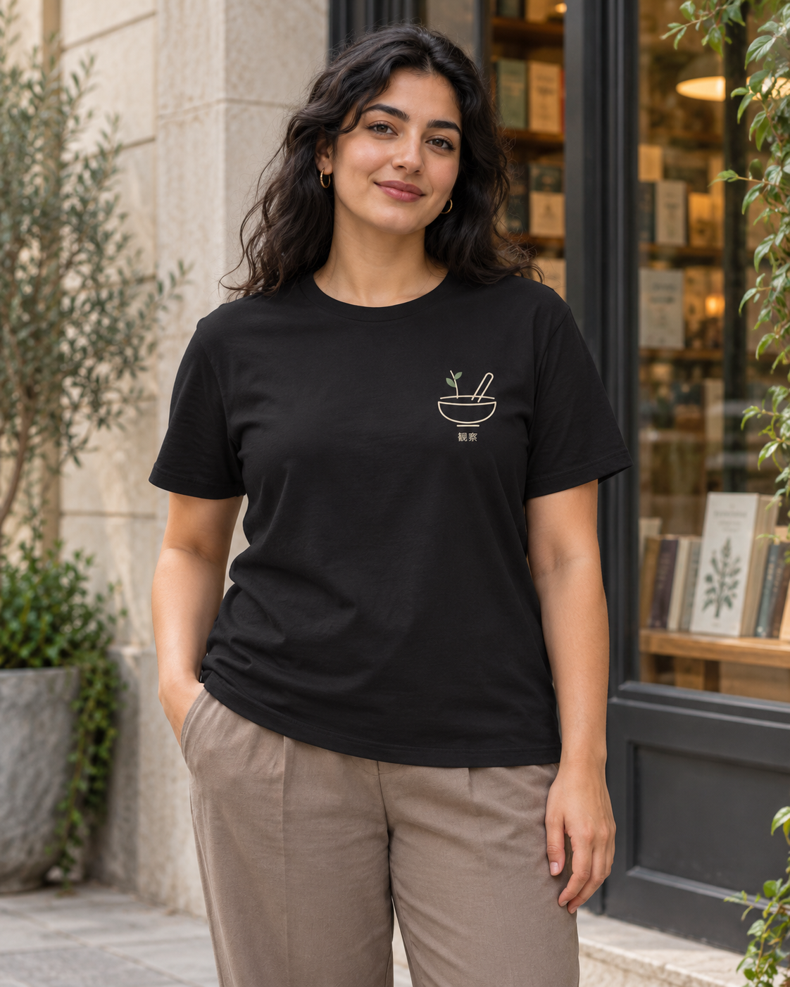 AI-generated lifestyle mockup of Quiet Analysis Minimalist Anime Soft Tee in black on an adult model
