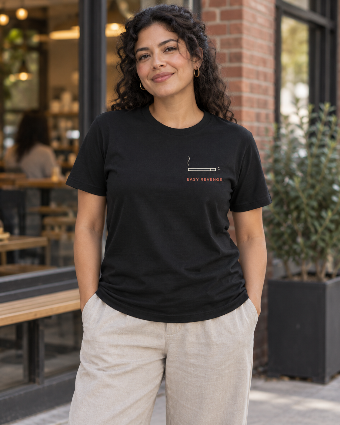 AI-generated lifestyle mockup of Easy Revenge Minimalist Anime Soft Tee in black on an adult model