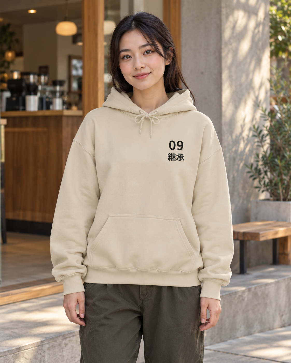 AI-generated lifestyle mockup of the Ninth kanji hoodie in sand worn by an adult model