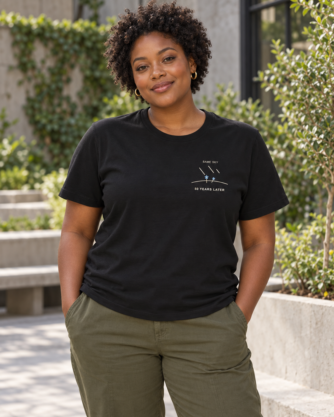 AI-generated lifestyle mockup of Same Sky Minimalist Anime Soft Tee in black on an adult model