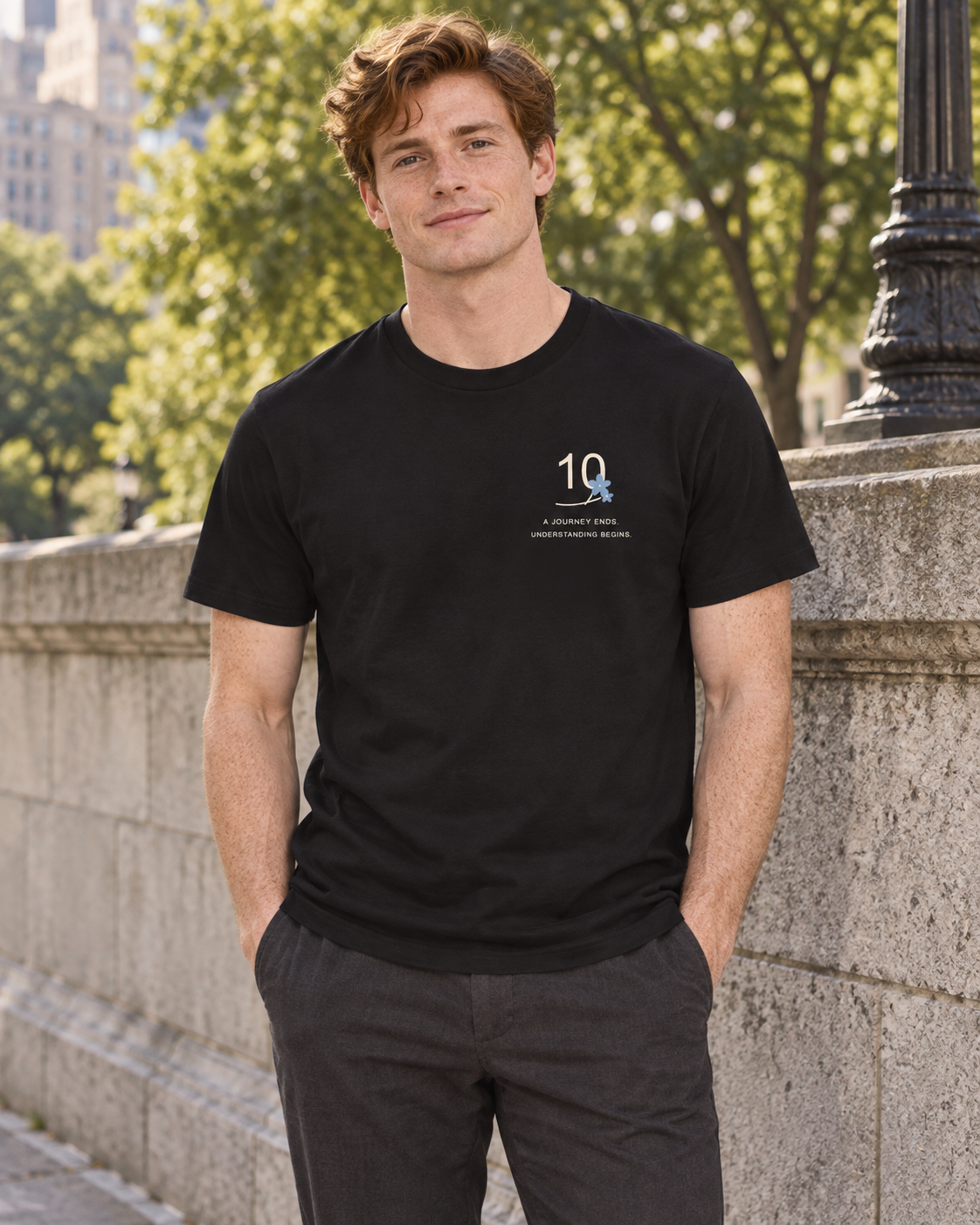 AI-generated lifestyle mockup of Ten Years, Still Learning Minimalist Anime Soft Tee in black on an adult model