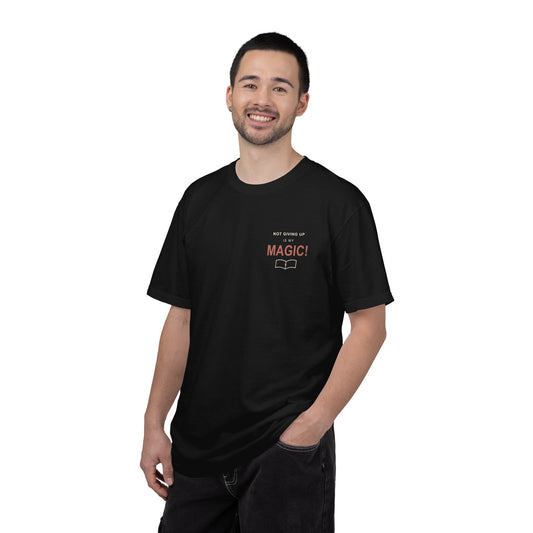 My Magic Quote Heavyweight Tee in Black — studio front lifestyle — front view — supplier mockup