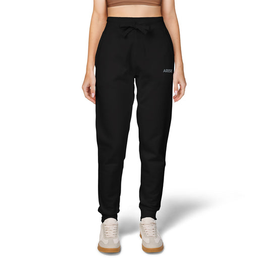Arise Rank Embroidered Fleece Sweatpants in Black — supplier lifestyle — front view