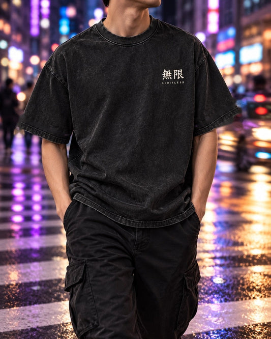 Limitless kanji tee on a crosswalk, Jujutsu Kaisen inspired