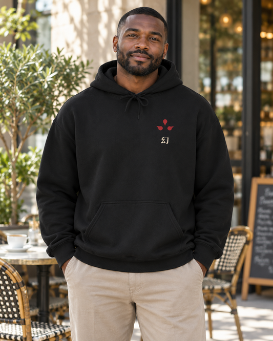 AI-generated lifestyle mockup of After Dark Kanji Anime Hoodie in black on an adult model