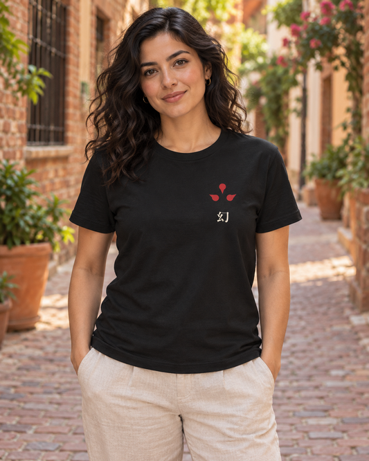 AI-generated lifestyle mockup of After Dark Kanji Anime Soft Tee in black on an adult model