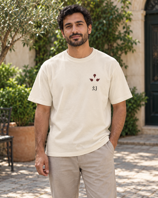 AI-generated lifestyle mockup of After Dark Kanji Anime Tee in ivory on an adult model