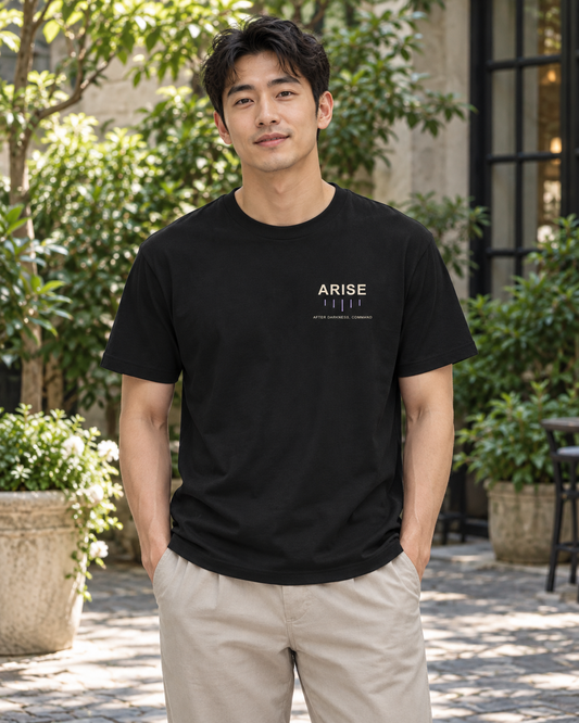 AI-generated lifestyle mockup of After Darkness Minimalist Anime Soft Tee in black on an adult model