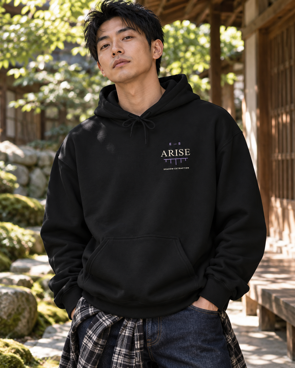 AI-generated lifestyle mockup of Arise Rank Anime Quote Hoodie in black on an adult model