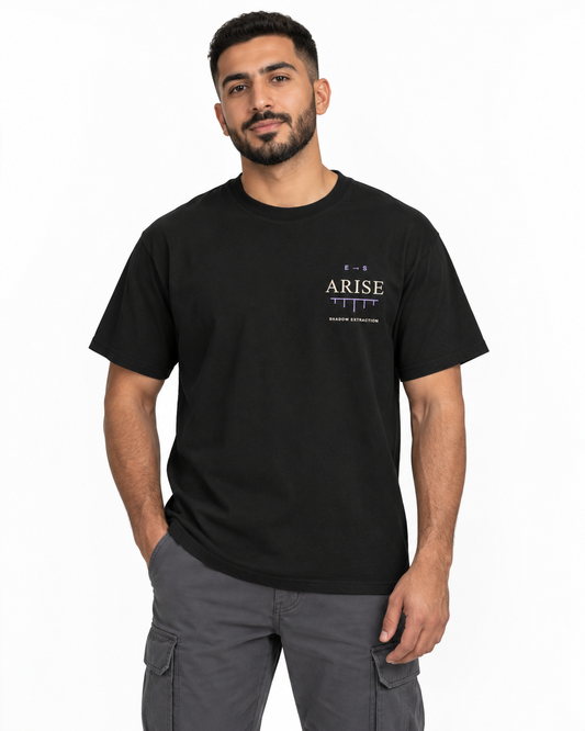 Arise Rank Quote Heavyweight Tee in Black — studio front lifestyle, white background; AI styling mockup