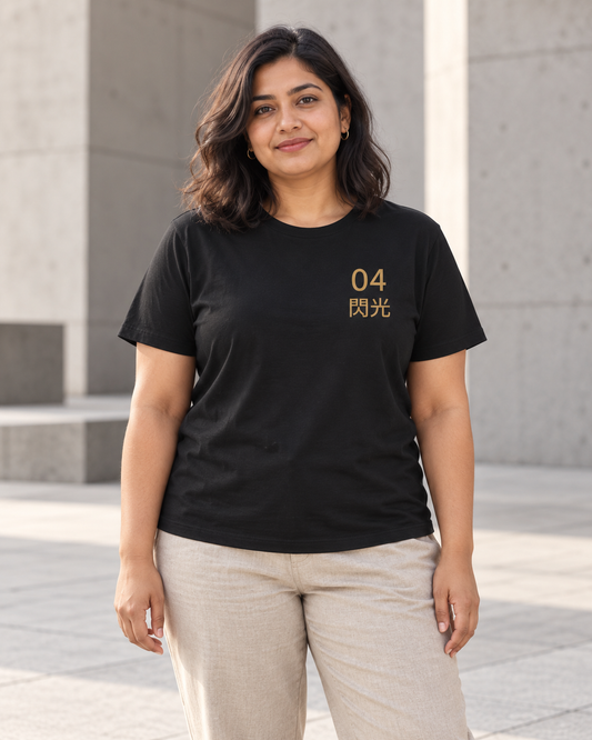 AI-generated lifestyle mockup of Arrival Kanji Anime Soft Tee in black on an adult model