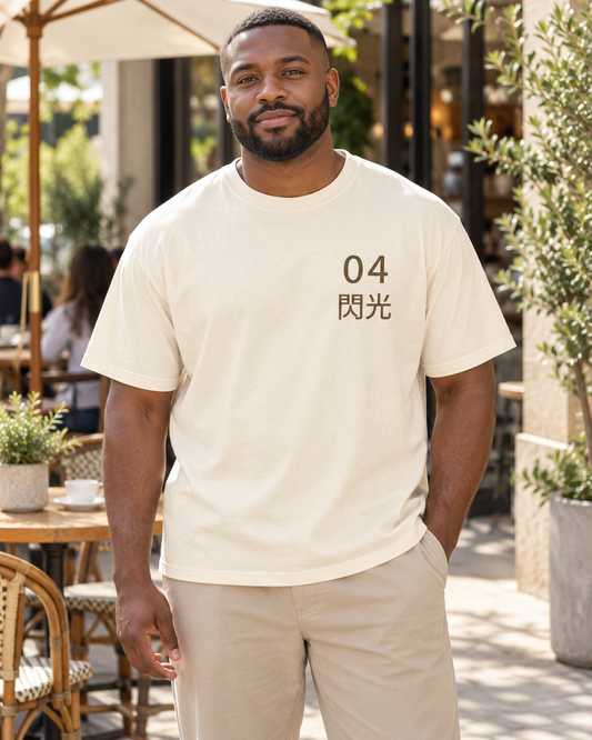 AI-generated lifestyle mockup of Arrival Kanji Anime Tee in ivory on an adult model