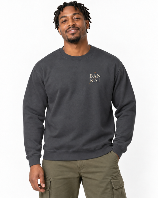 Bankai Quote Crewneck Sweatshirt in Charcoal — studio front lifestyle — front view — original model cast