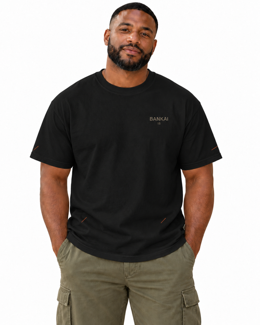 Bankai Quiet Edge Edition Heavyweight Tee in Black — studio front lifestyle — front view; AI styling mockup