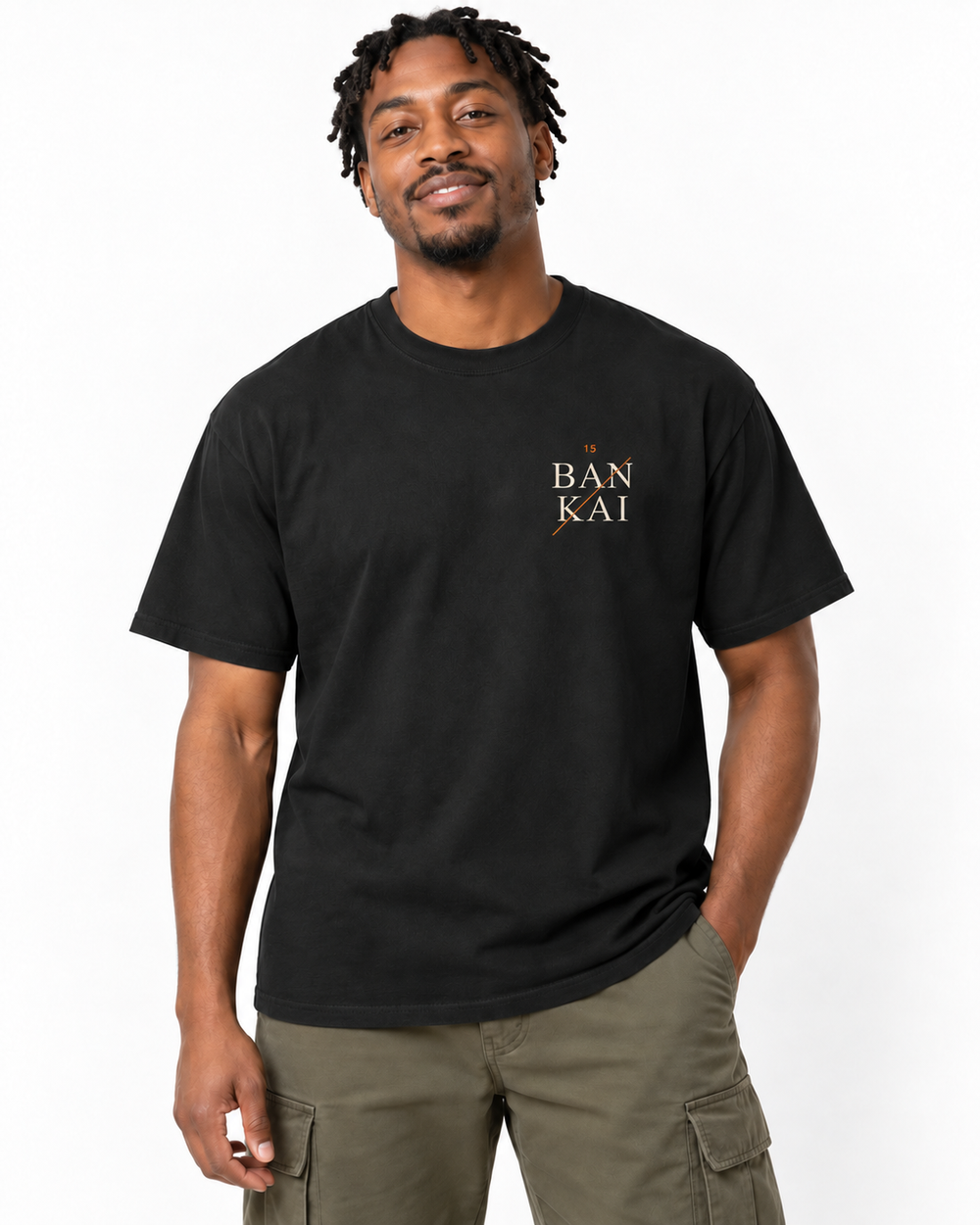 Bankai Quote Heavyweight Tee in Black — studio front lifestyle — front view — original model cast