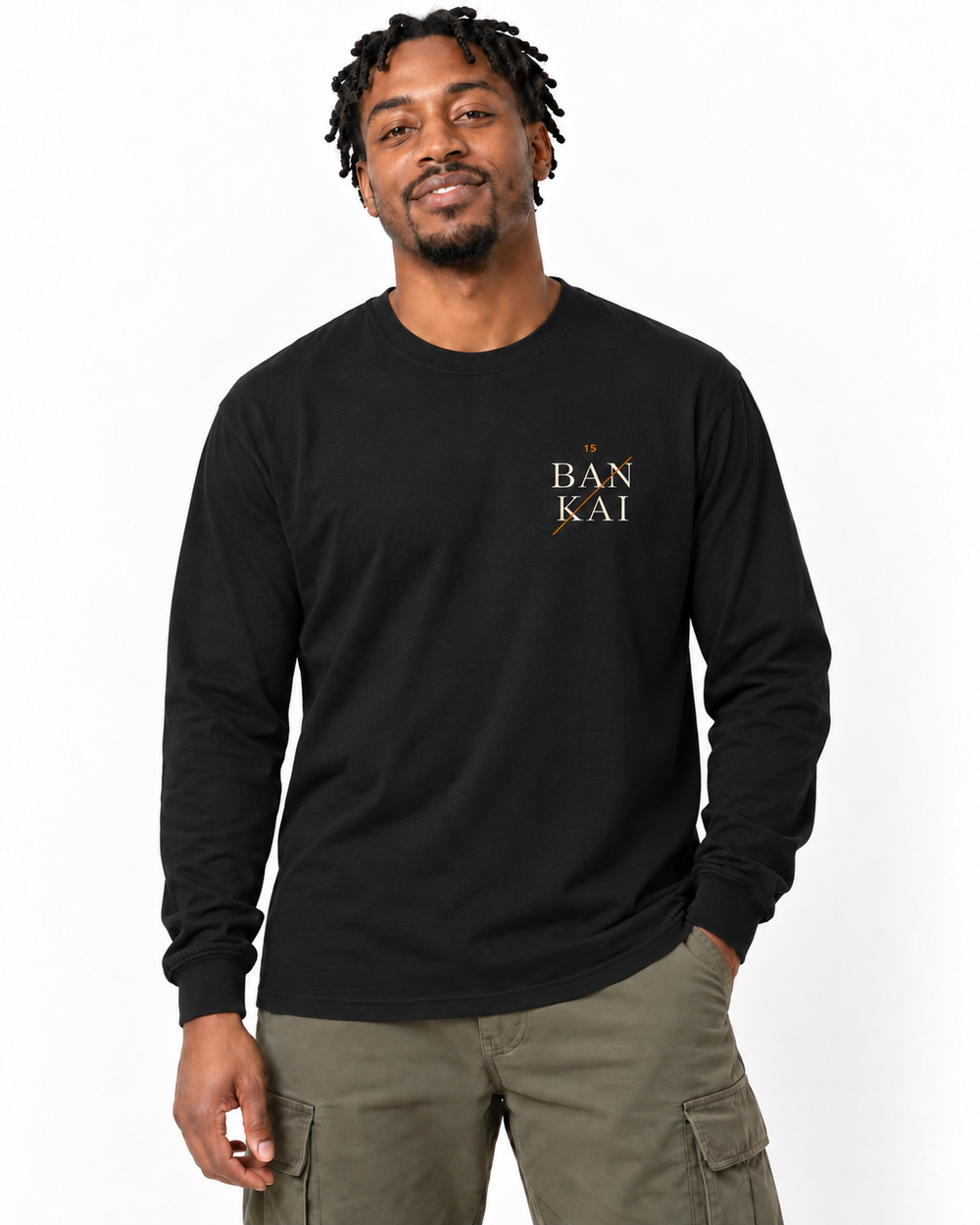 Bankai Quote Long Sleeve Tee in Black — studio front lifestyle — front view — original model cast