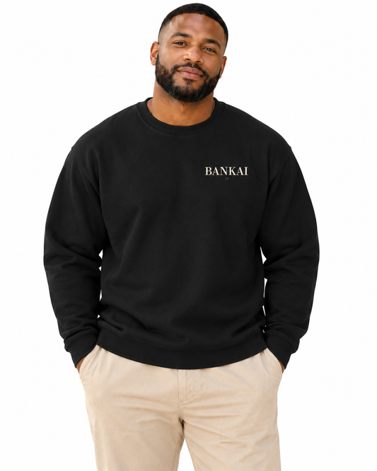 Bankai Quiet Edition Kanji Crewneck Sweatshirt in Black — studio lifestyle front view