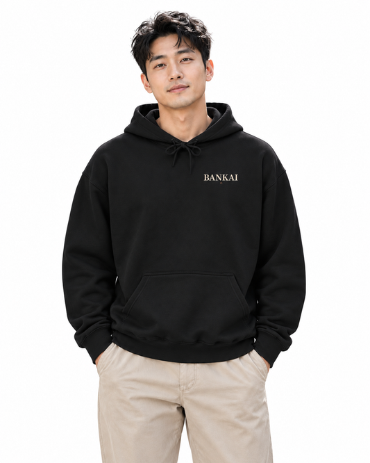 Bankai Quiet Edition Kanji Hoodie in Black — studio front lifestyle — front view