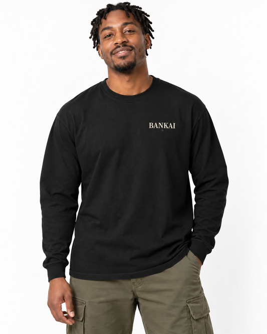 Bankai Quiet Edition Kanji Long Sleeve Tee in Black — studio front lifestyle — front view — original model cast