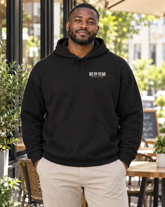 AI-generated lifestyle mockup of Beyond the Limit Kanji Anime Hoodie in black on an adult model