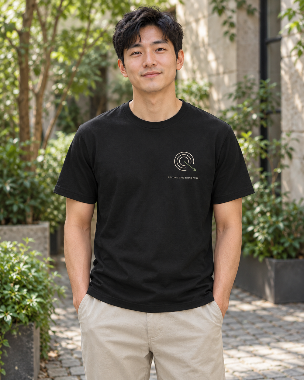 AI-generated lifestyle mockup of Beyond the Third Wall Minimalist Anime Soft Tee in black on an adult model