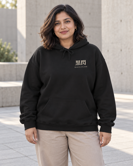 AI-generated lifestyle mockup of Black Flash Kanji Anime Hoodie in black on an adult model