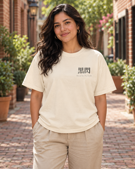 AI-generated lifestyle mockup of Black Flash Kanji Anime Tee in ivory on an adult model