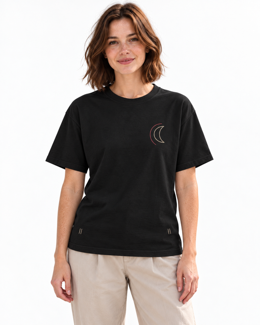 Black Moon Edge Edition Heavyweight Tee in Black — studio front lifestyle — front view; AI styling mockup