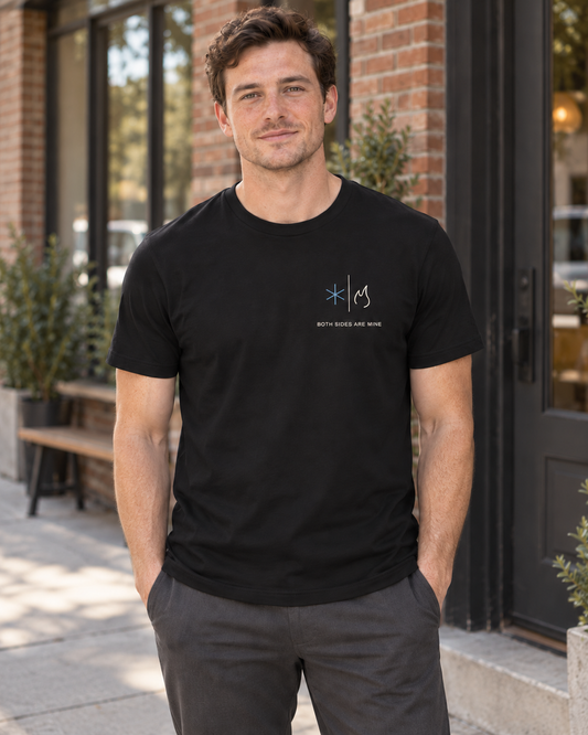 AI-generated lifestyle mockup of Both Sides Mine Minimalist Anime Soft Tee in black on an adult model
