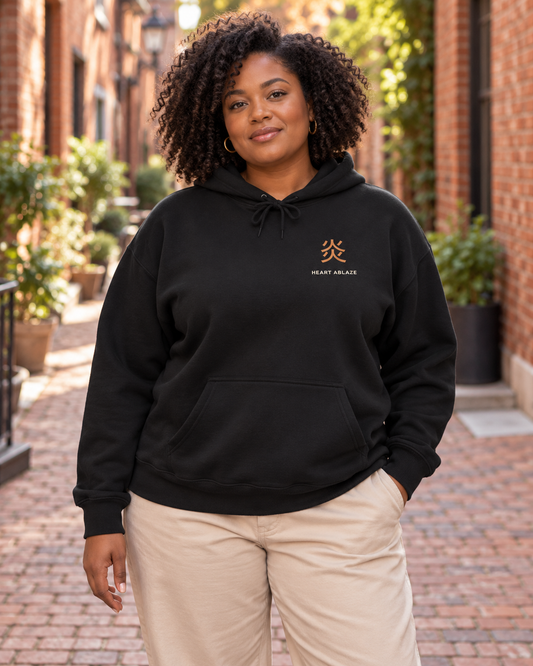 AI-generated lifestyle mockup of Burning Resolve Kanji Anime Hoodie in black on an adult model
