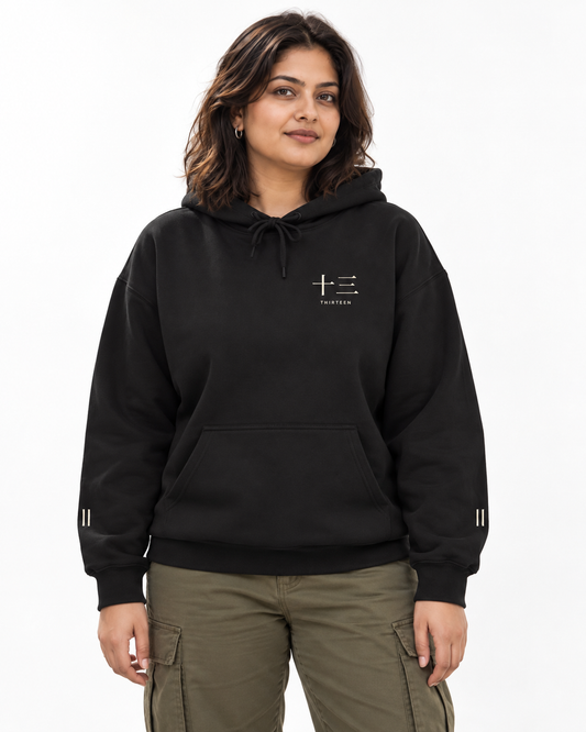 Thirteen Captain Kanji Hoodie in Black — studio front lifestyle — front view — original model cast