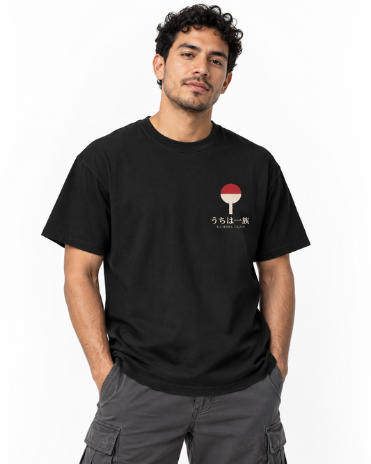 Clan Fan Crest Kanji Heavyweight Tee in Black — studio front lifestyle, white background; AI styling mockup