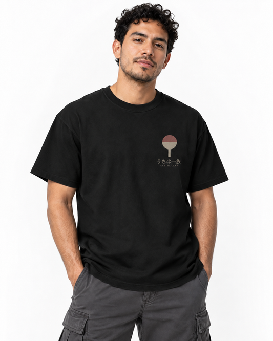 Clan Fan Crest Kanji Heavyweight Tee in Black — studio front lifestyle — front view — original model cast
