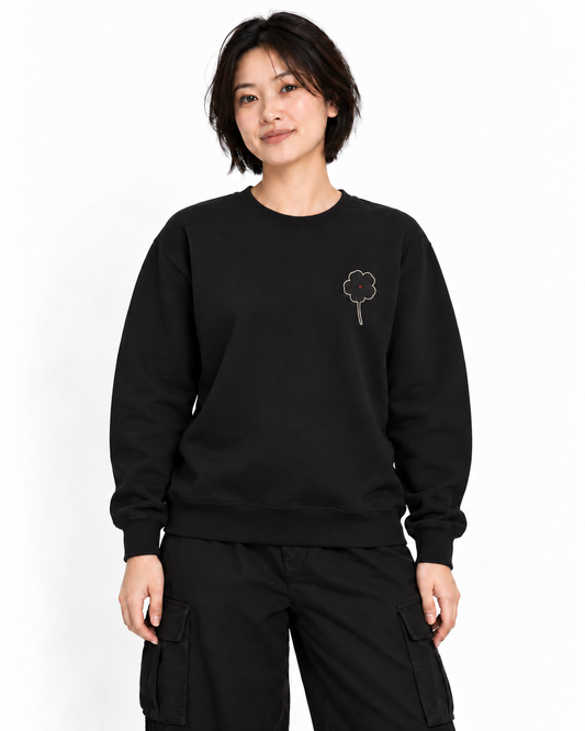 Black Clover Leaf Minimalist Crewneck in Black — studio front lifestyle — front view — original model cast
