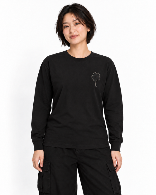 Black Clover Leaf Minimalist Long Sleeve Tee in Black — studio front lifestyle — front view — original model cast