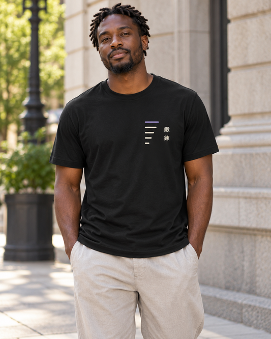 AI-generated lifestyle mockup of Daily Ascent Minimalist Anime Soft Tee in black on an adult model