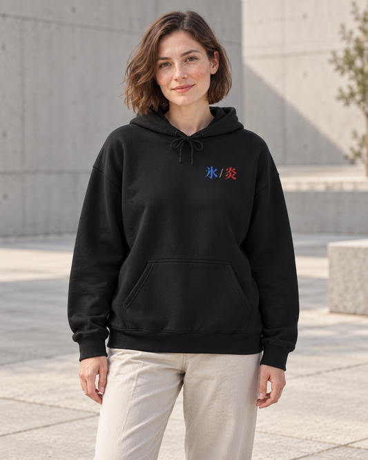 AI-generated lifestyle mockup of Dual Temperature Kanji Anime Hoodie in black on an adult model