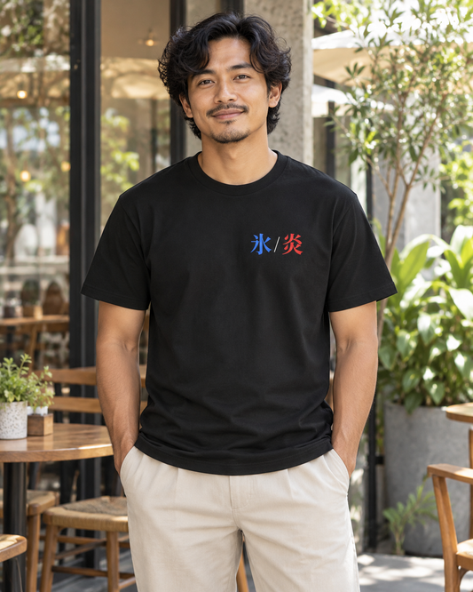 AI-generated lifestyle mockup of Dual Temperature Kanji Anime Soft Tee in black on an adult model