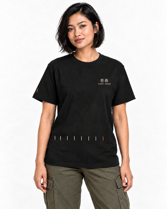 Eight Gates Training Edge Edition Heavyweight Tee in Black — studio front lifestyle — front view