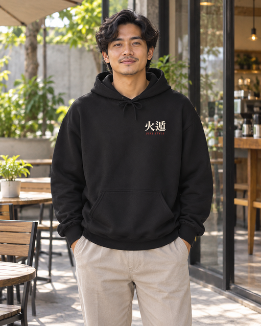 AI-generated lifestyle mockup of Ember Lineage Kanji Anime Hoodie in black on an adult model