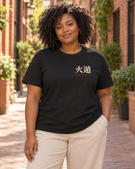AI-generated lifestyle mockup of Ember Lineage Kanji Anime Soft Tee in black on an adult model