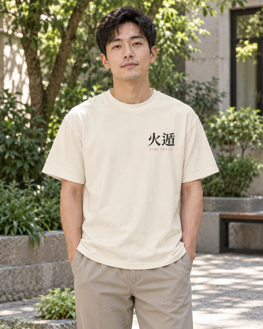 AI-generated lifestyle mockup of Ember Lineage Kanji Anime Tee in ivory on an adult model