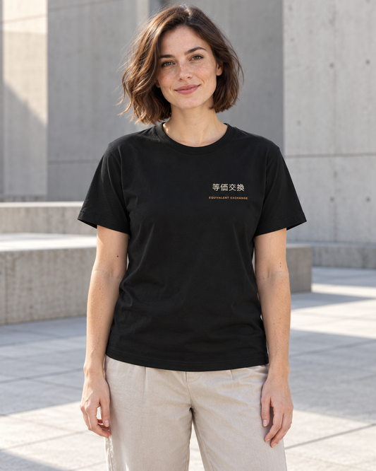 AI-generated lifestyle mockup of Equal Exchange Kanji Anime Soft Tee in black on an adult model