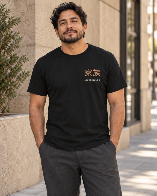 AI-generated lifestyle mockup of Family Policy Kanji Anime Soft Tee in black on an adult model