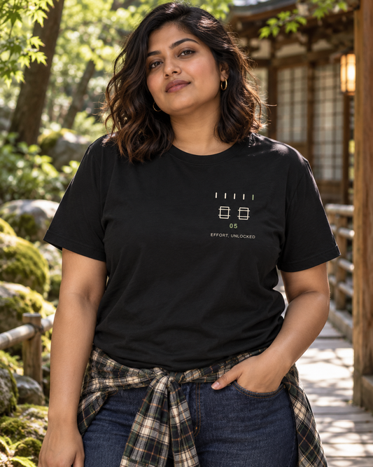 AI-generated lifestyle mockup of Fifth Gate Minimalist Anime Soft Tee in black on an adult model