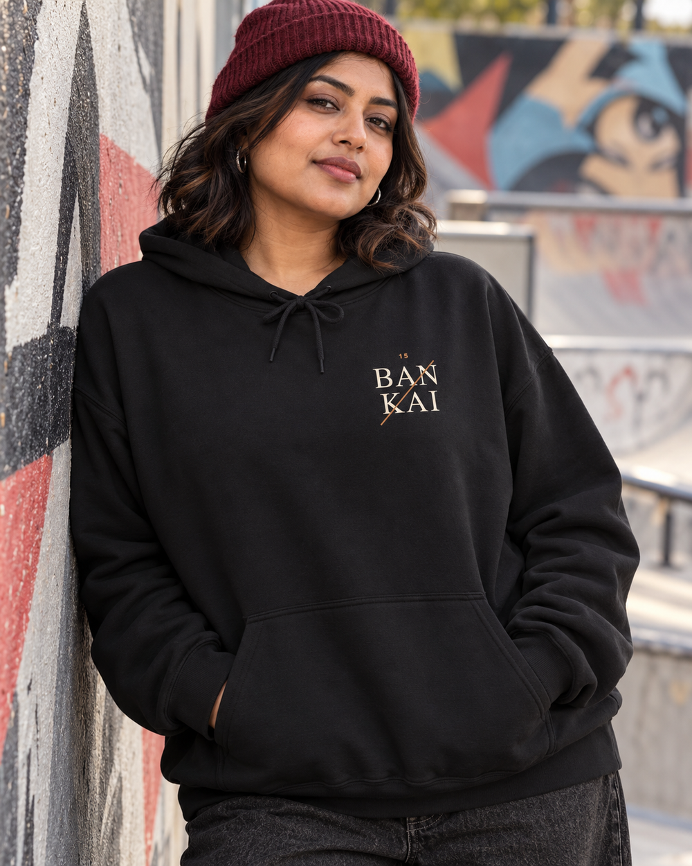 AI-generated lifestyle mockup of Bankai Anime Quote Hoodie in black on an adult model