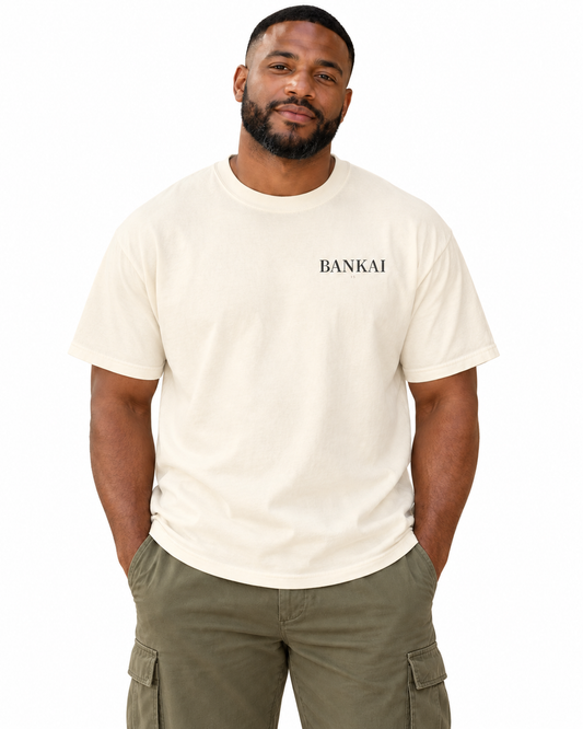 Final Release Quiet Edition Kanji Anime Tee in Ivory — studio front lifestyle, white background; AI styling mockup