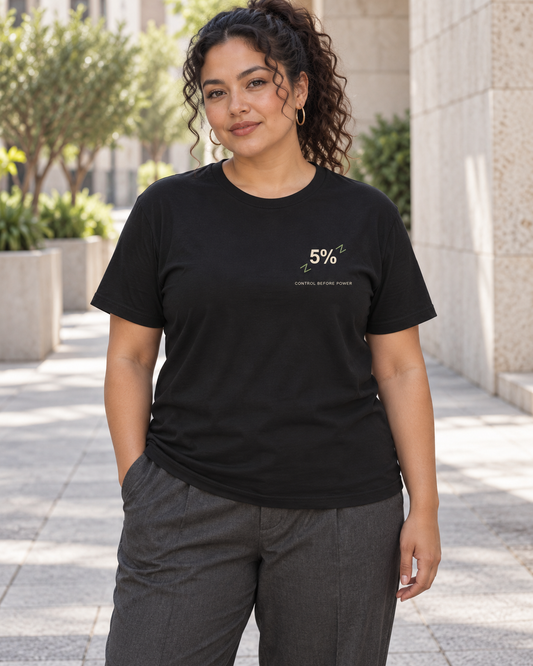 AI-generated lifestyle mockup of Five Percent Minimalist Anime Soft Tee in black on an adult model