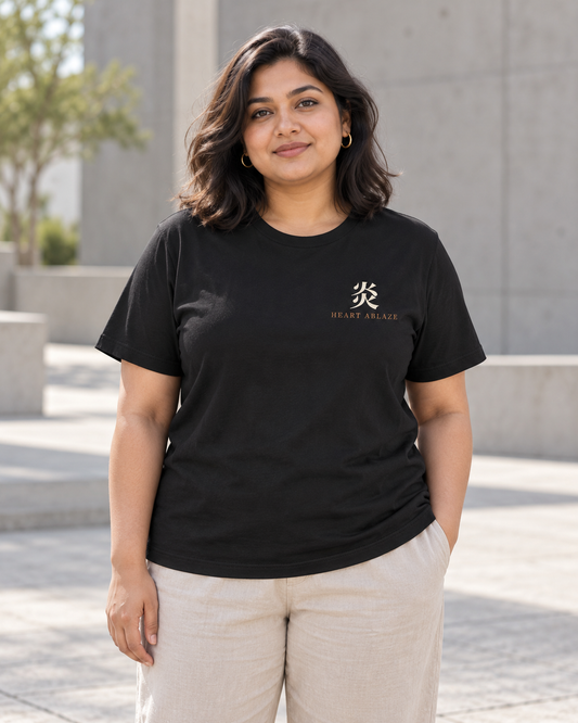 AI-generated lifestyle mockup of Flame Watch Kanji Anime Soft Tee in black on an adult model