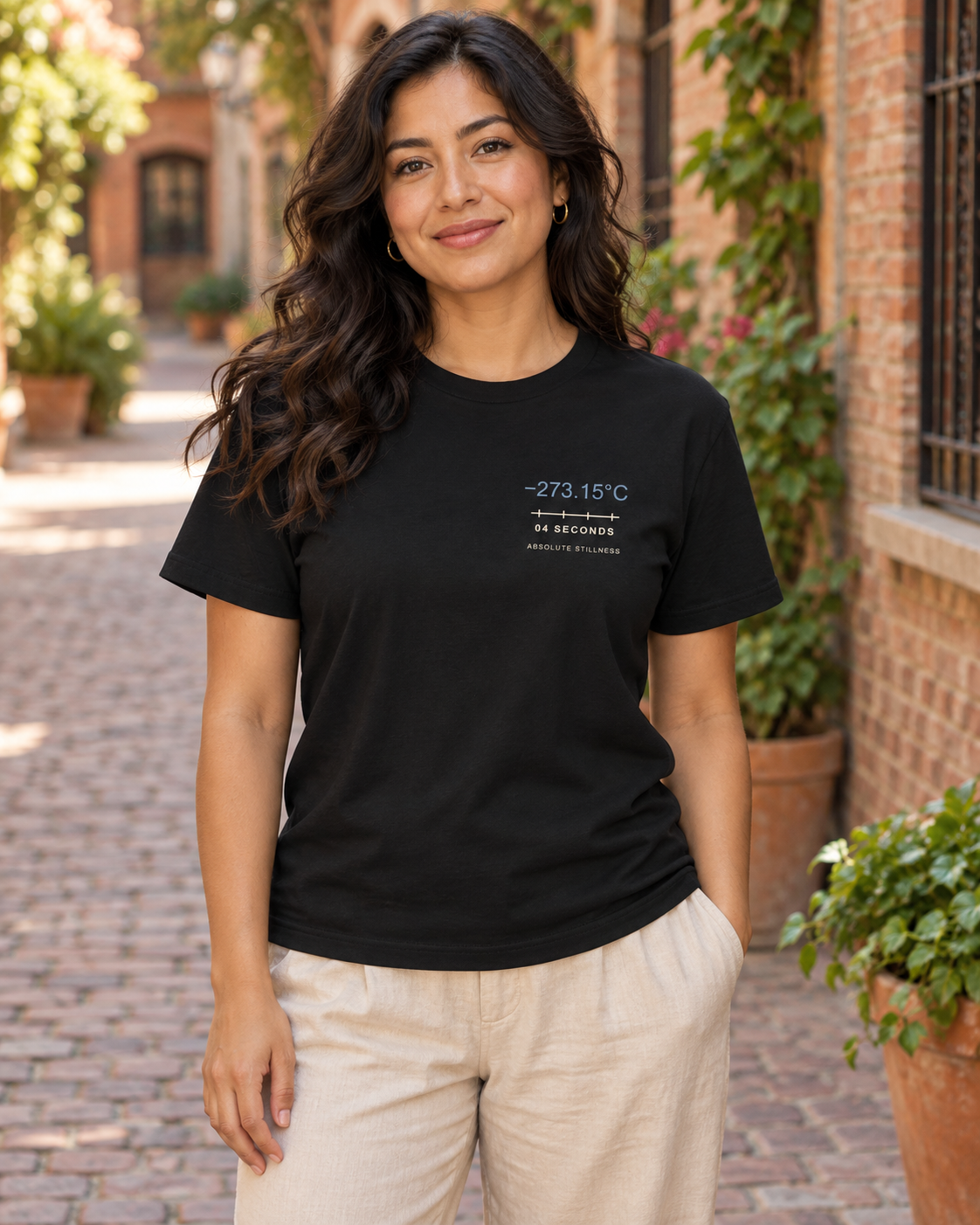 AI-generated lifestyle mockup of Four Seconds Minimalist Anime Soft Tee in black on an adult model